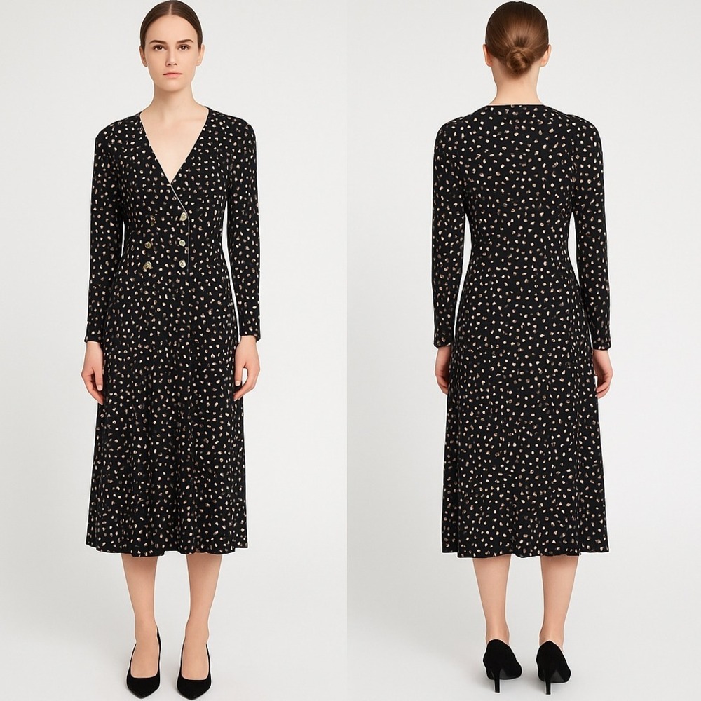 Topshop Polka Dot Midi Dress US 12 Black Beige V-Neck Long Sleeve Button Front